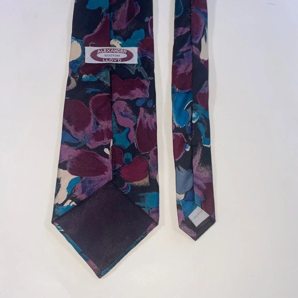 Alexander Lloyd Boston Mens Silk Necktie‎ Abstract Floral Purple Teal Blue